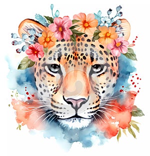 Cute leopard head painting with boho floral wreath. Jungle animal watercolor illustration on white background