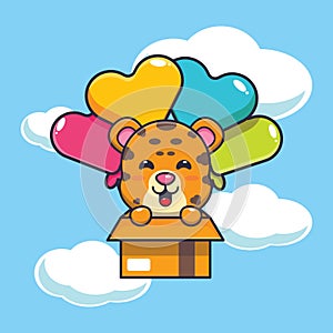 Cute leopard mascot cartoon character fly with balloon.