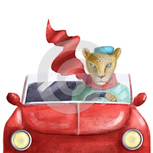 Cute leopard on vacations, watercolor clipart, summer illustration with cartoon character