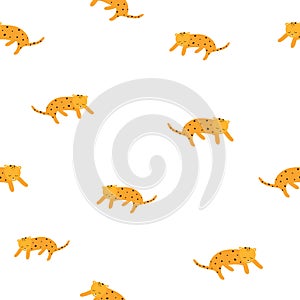 Cute leopard yellow and white seamless pattern. Vector hand drawn illustration. Nursery background for kids room