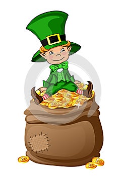Cute leprechaun sitting on the bag full of coins. St. Patrick`s Day Vector illustration