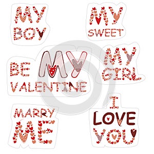 A cute lettering with heart isolated on white background, a romantic vector stock illustration with set of stickers for valentines