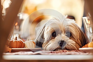 Cute Lhasa Apso Dog Looking at Festive Thanksgiving Dinner Table