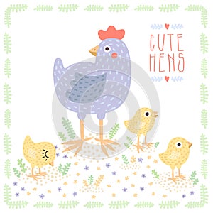 Cute light blue hen with baby chickens vector background