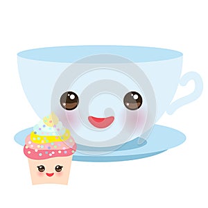 Cute light blue Kawai cup, cupcake isolated on white background. Vector