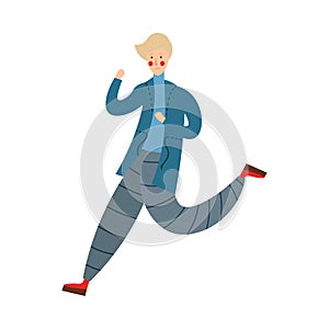 Cute light-haired boy running on a rainy day. Vector illustration in flat cartoon style.