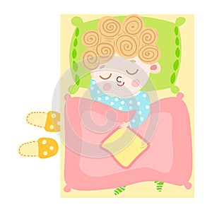 The cute light-haired little boy lovely sleeping under the duvet in bed top view. Vector illustration in flat cartoon