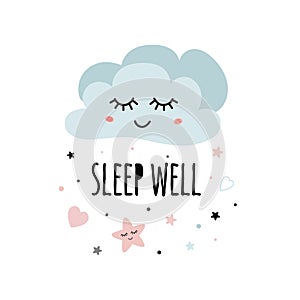 Cute light pink cartoon cloud Wish text Sleep well for baby poster Decor for kids room