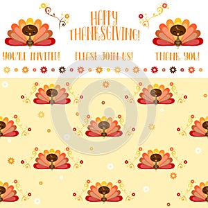 Cute Lil Turkey Thanksgiving Elements and Seamless Pattern