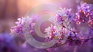 Cute lilac flowers, soft morning lighting, bokeh, Sparkles and shimmering Cinematic lighting, Generative AI