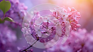 Cute lilac flowers, Sparkles and shimmering Cinematic lighting, soft morning lighting, bokeh, Generative AI