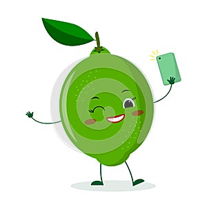 Cute lime cartoon character with a smartphone and does selfie.