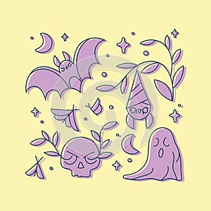 Cute Line Art Black Magic Elements Collection