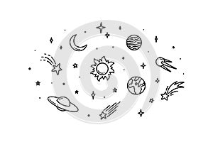 Cute line doodle space background. Childish illustration. Hand drawn planets, sun, moon, stars, satellite. Saturn rings. Sketch