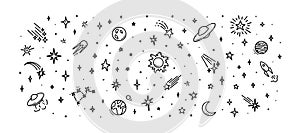 Cute line doodle space background. Hand drawn planets, sun, moon, stars, spaceship collection. Childish drawing cosmic