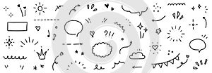 Cute line icon sketch element. Hand drawn line sketch text decoration star sparkle, arrow, heart element set. Simple