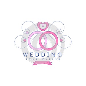 Cute line logo design with wedding rings and ornamental decoration