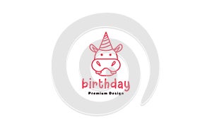 Cute lines hippo birthday logo symbol vector icon illustration graphic design