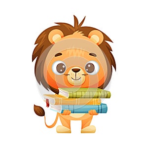 Cute Lion Animal Carrying Pile of Books in Hard Cover for Reading Vector Illustration