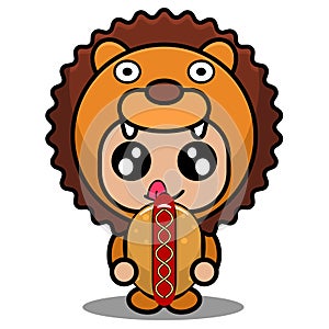 Lion animal mascot costume eating hot dog