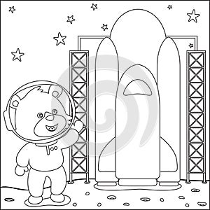 Cute lion astronaut with rocket on the planet. Vector hand-drawn coloring or Childish desig