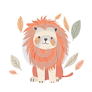 Cute lion among autumn leaves, baby animal with funny face and mane on head, paws