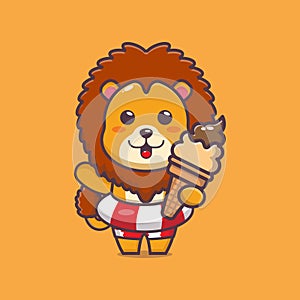 Cute lion with buoy holding ice cream