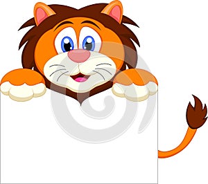 Cute lion cartoon character with blank sign