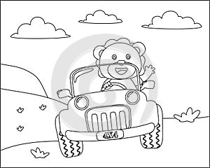 Cute lion cartoon having fun driving a off road car in mountain on sunny day. Cartoon isolated vector illustration, Creative