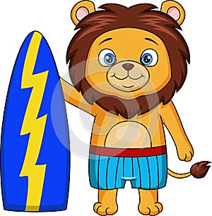 Cute lion cartoon holding a surfboard
