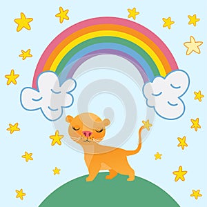 Cute lion cartoon on rainbow background and stars vector illustration.