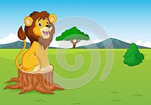 Cute lion cartoon in the savannah