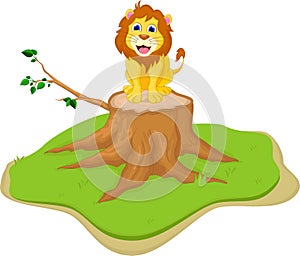 Cute lion cartoon sitting on tree stump