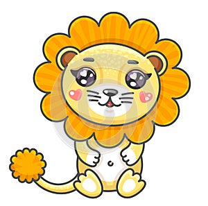 Cute lion cartoon vector illustration. Smiling baby animal lion in kawaii style isolated on white background.