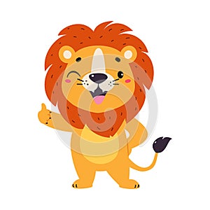 Cute Lion Character with Mane Show Thumb Up Vector Illustration