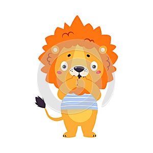 Cute Lion Character with Mane in Striped Shirt Gasp with Surprise Vector Illustration