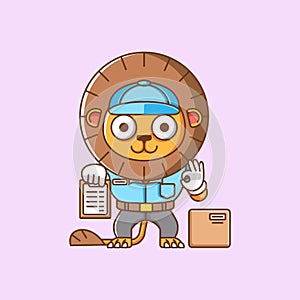 Cute lion courier package delivery animal chibi character mascot icon flat line art style illustration concept cartoon