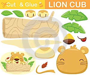 Cute lion cub hiding in tree trunk. Education paper game for children. Cutout and gluing. Vector cartoon illustration