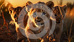 Cute lion cub playing in the grass at sunset generated by AI