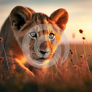 cute lion cub prowling and stalking