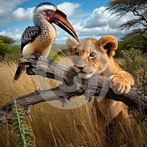 cute lion cub stalking and hunting a bird