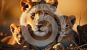 Cute lion cub staring, small group, nature beauty in Africa generated by AI