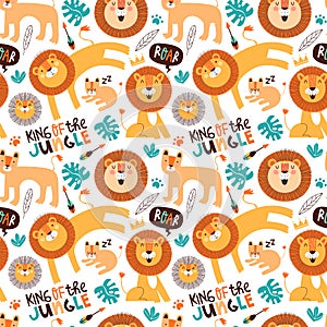 Cute lion doodle seamless pattern of funny safari animals