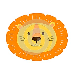 Cute lion head in cartoon style. Bright orange and yellow colors. Perfect for kids textile, postcards, baby shower for boy. photo