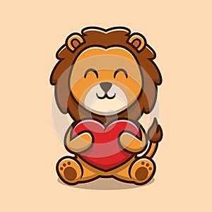 Cute lion hugging love heart cartoon icon illustration