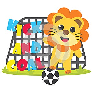 Cute lion plays football kick and goal cartoon illustration for kid t shirt design
