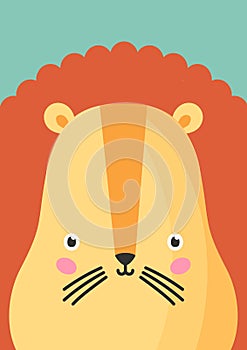 Cute lion snout flat vector illustration. Adorable wildlife animal muzzle cartoon colorful background. Close up lion