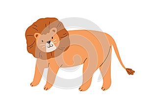 Cute lion with thick mane isolated on white background. Funny feline animal. Childish character. Colored flat cartoon