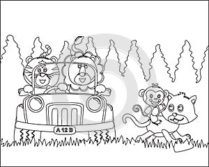 Cute lion and tiger cartoon having fun driving a off road car in mountain on sunny day. Cartoon isolated vector illustration,