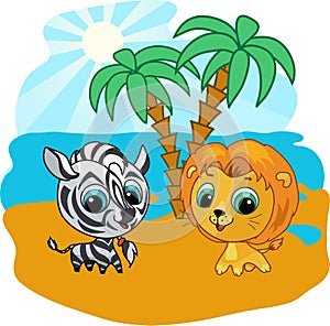 Cute lion and zebra cartoon illustration